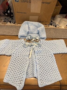 Handmade Light Blue Crochet Baby Matching Set with Hood